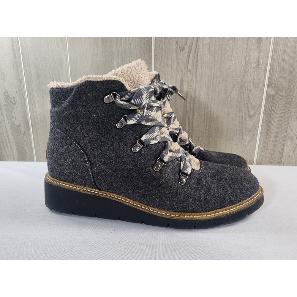 Dr. Scholls So Cozy Ankle Boots Women 10M Gray Faux Fur Hiker Lace Up Felt